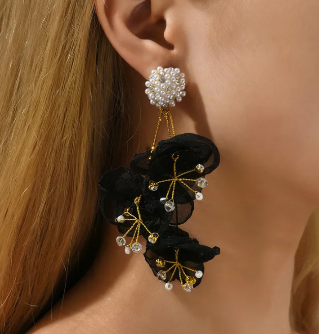 Black Chiffon Pearl Petal Drop Earrings - Wedding Edition - Ultra-Glam Edition