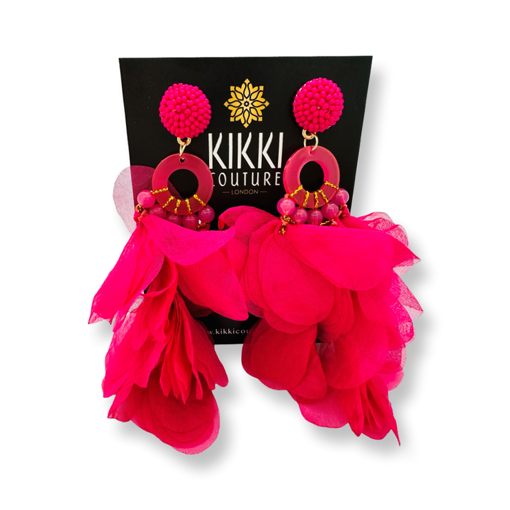 New - Bright Pink Chiffon Petal Drop Earrings - Holiday Edition - Wedding Edition - Ultra-Glam Edition