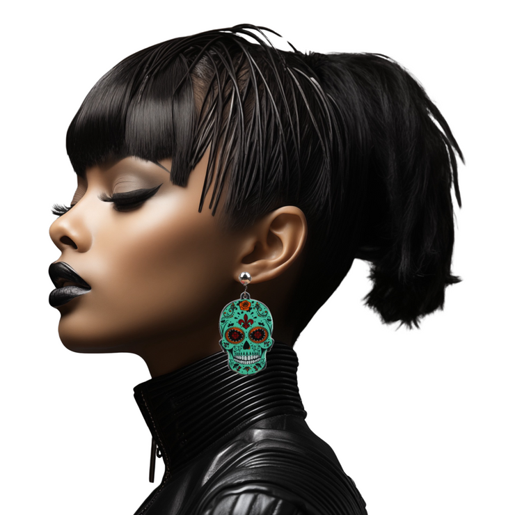 Green Sugar Skull Drop Earrings - Ultra-Glam Edition