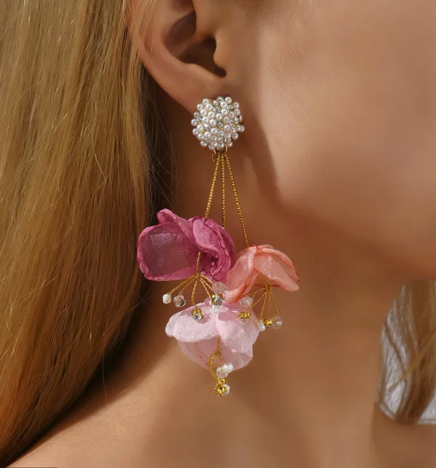 Pink Chiffon Pearl Petal Drop Earrings - Wedding Edition - Ultra-Glam Edition