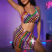 New - Rainbow Disc Crop Top & Mini Skirt - Body Jewellery - Club Wear - Ultra-Glam Edition