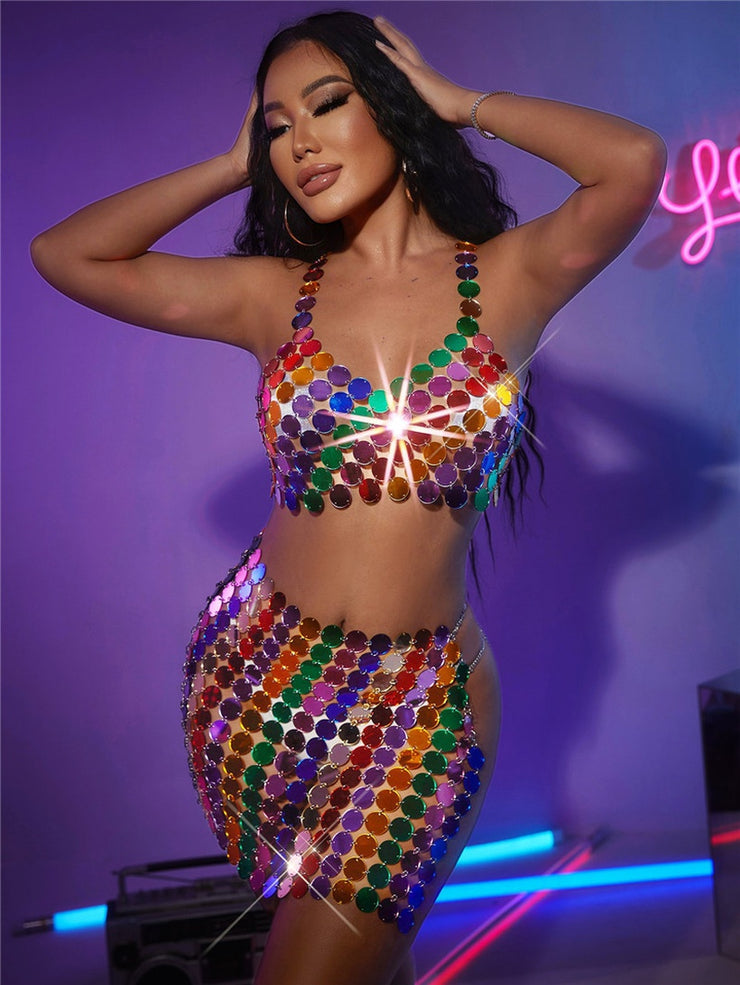 New - Rainbow Disc Crop Top & Mini Skirt - Body Jewellery - Club Wear - Ultra-Glam Edition