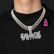 New - SAVAGE Letter Pendant Cuban Link Silver Chain Necklace - Drag King Edition - Ultra-Glam Edition