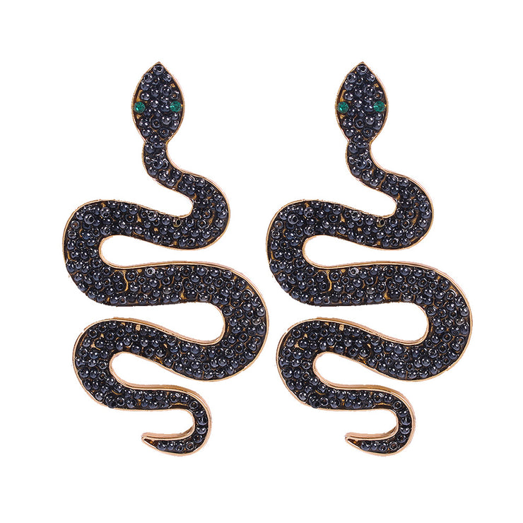 New - Black Bead Snake Earrings - Ultra-Glam Edition