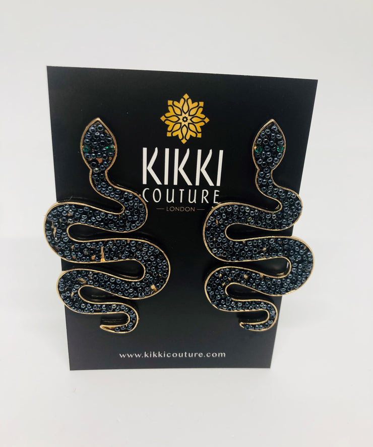 New - Black Bead Snake Earrings - Ultra-Glam Edition