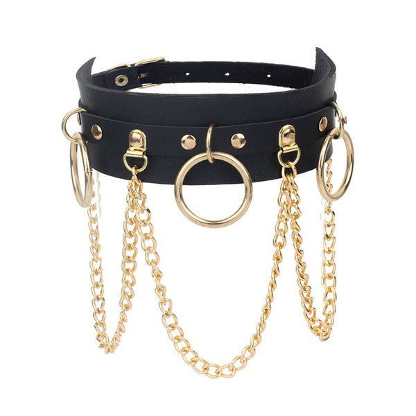 Black Leather Gold Chain Choker Necklace - Body Jewellery - Ultra-Glam Edition