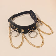 Black Leather Gold Chain Choker Necklace - Body Jewellery - Ultra-Glam Edition