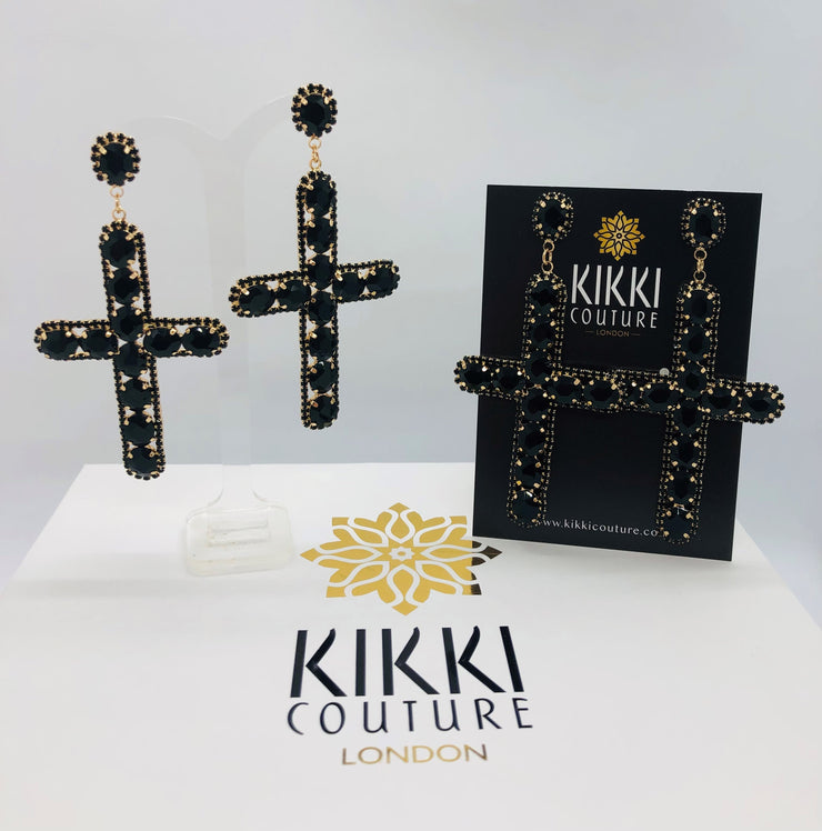 New - Black Rhinestone Crystal Cross Earrings - Ultra-Glam Edition