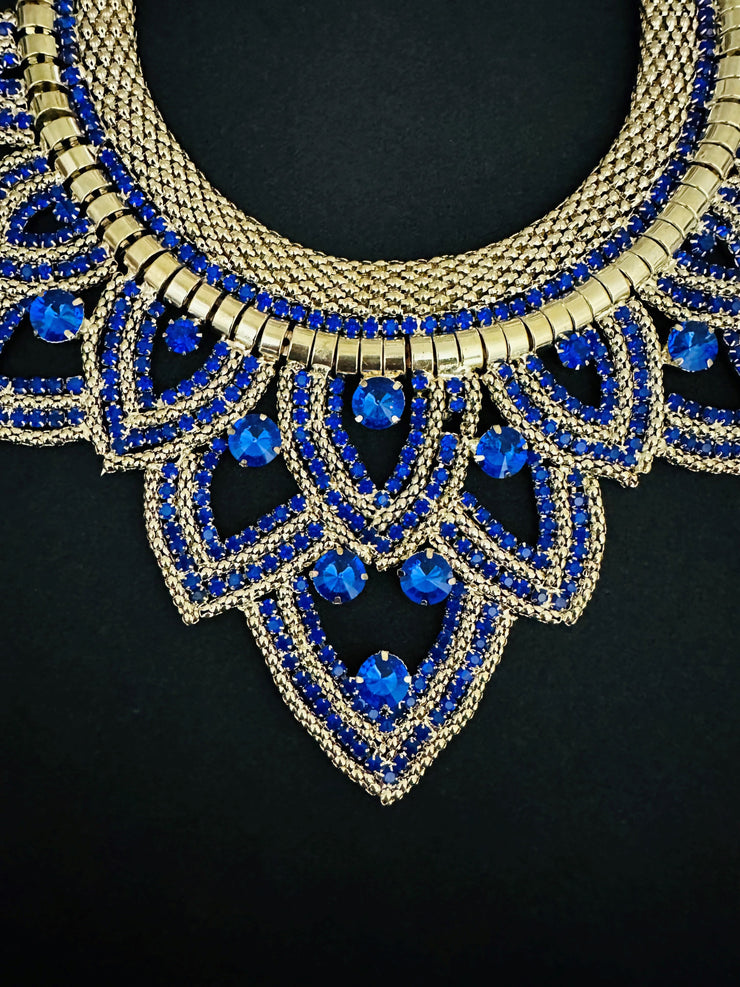 New - Blue Diamond Studded Geometric Statement Necklace - Ultra-Glam Edition - Wedding Edition