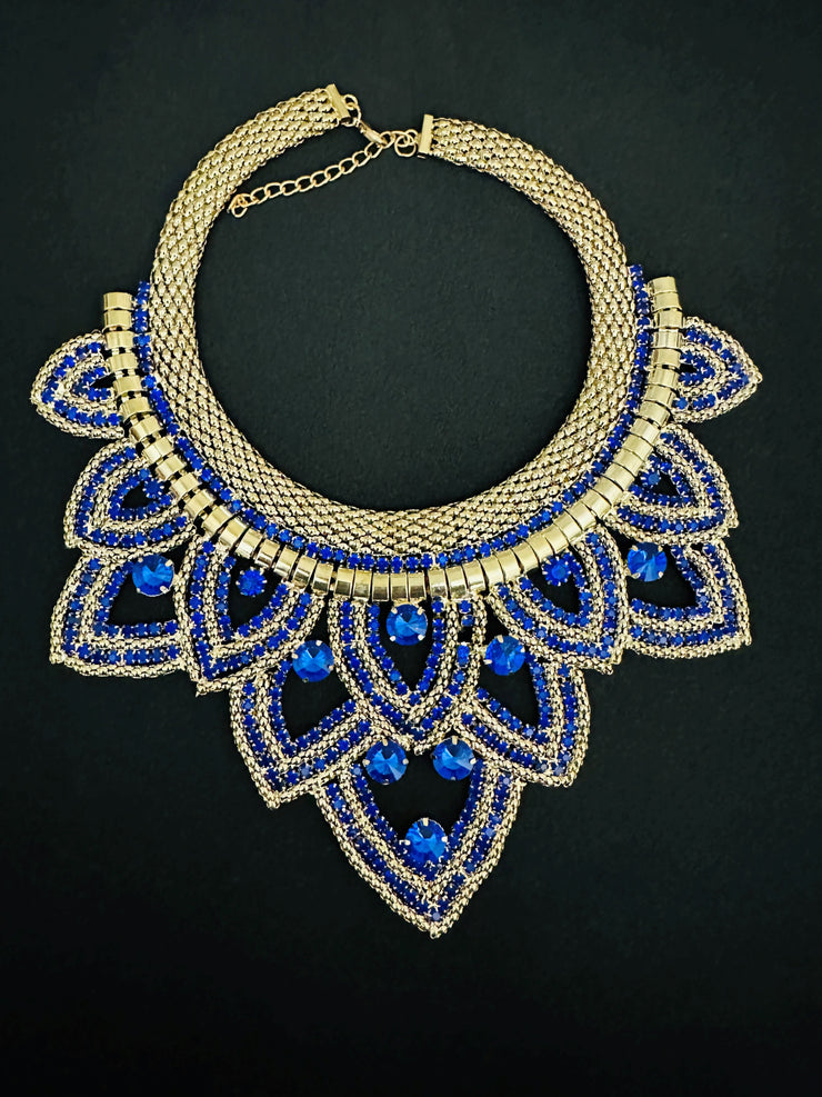 New - Blue Diamond Studded Geometric Statement Necklace - Ultra-Glam Edition - Wedding Edition