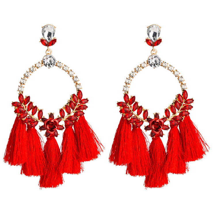 Bright Red Crystal Hoop Tassel Earrings - Ultra-Glam Edition - Kikki Couture