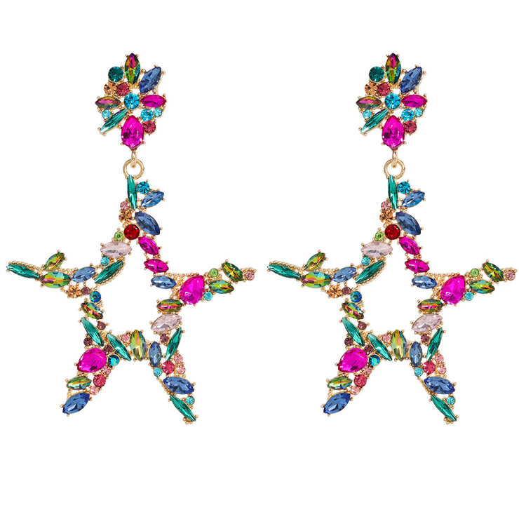 Colourful Rhinestone Large Star Drop Earrings - Ultra-Glam Edition