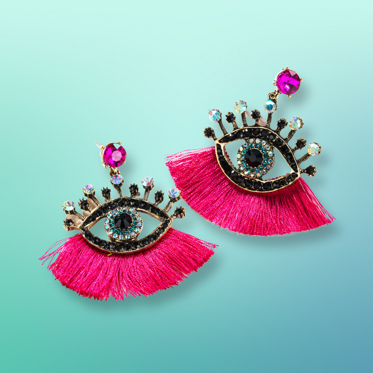 Crystal Evil Eye Pink Tassel Drop Earrings - Ultra-Glam Edition