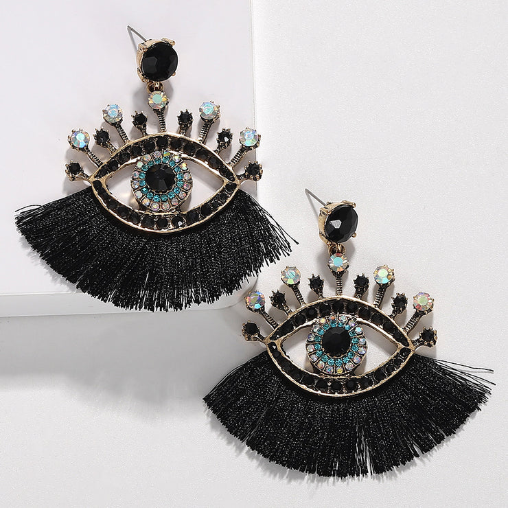 Crystal Evil Eye Black Tassel Drop Earrings - Ultra-Glam Edition