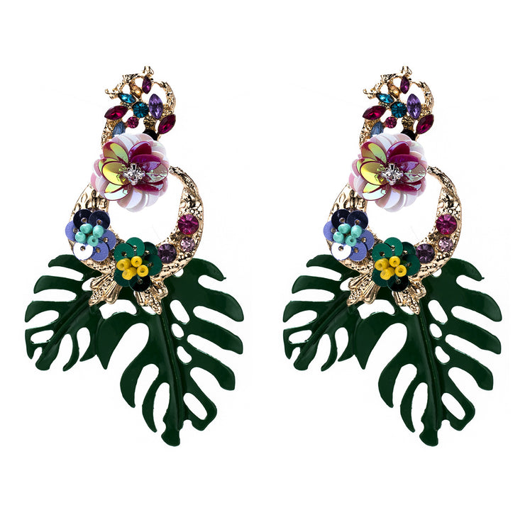 Crystal Floral Hoop Palm Leaf Earrings - Ultra-Glam Edition