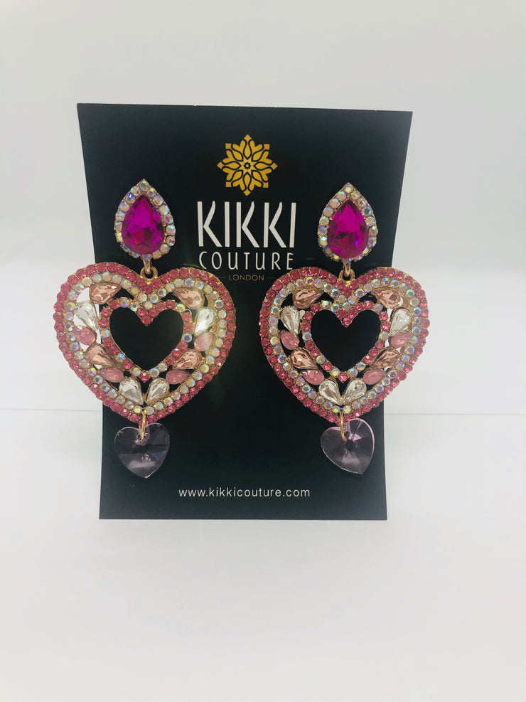 Pink Crystal Heart Drop Earrings - Wedding Edition - Ultra-Glam Edition