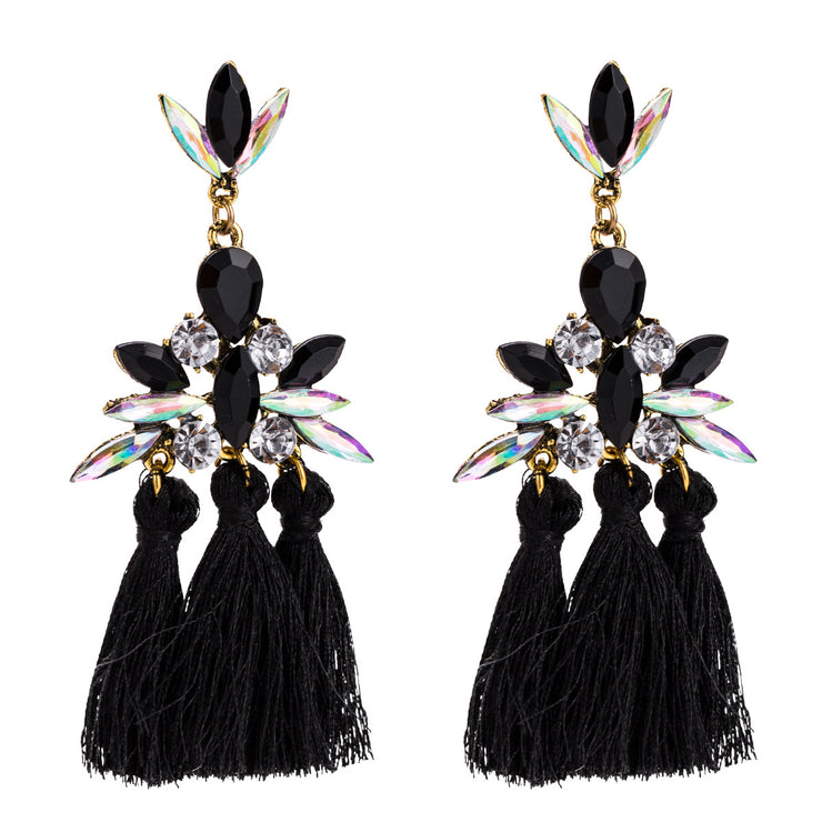 Black Crystal Tassel Earrings - Ultra-Glam Edition