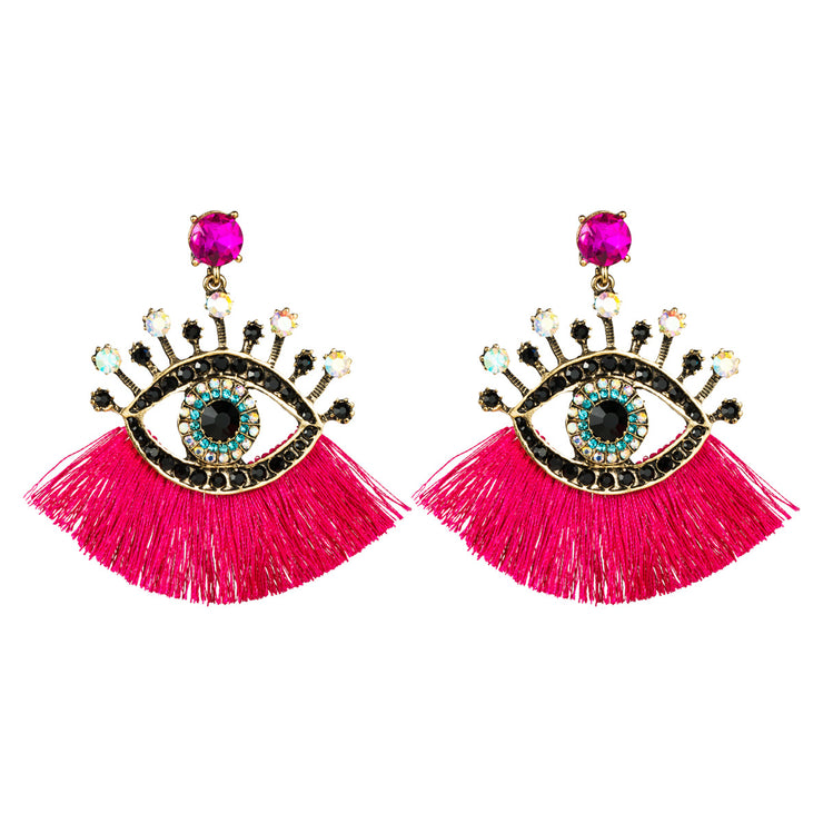 Crystal Evil Eye Pink Tassel Drop Earrings - Ultra-Glam Edition