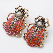 Red Crystal Pearl Skull Beetle Earrings - Ultra-Glam Edition