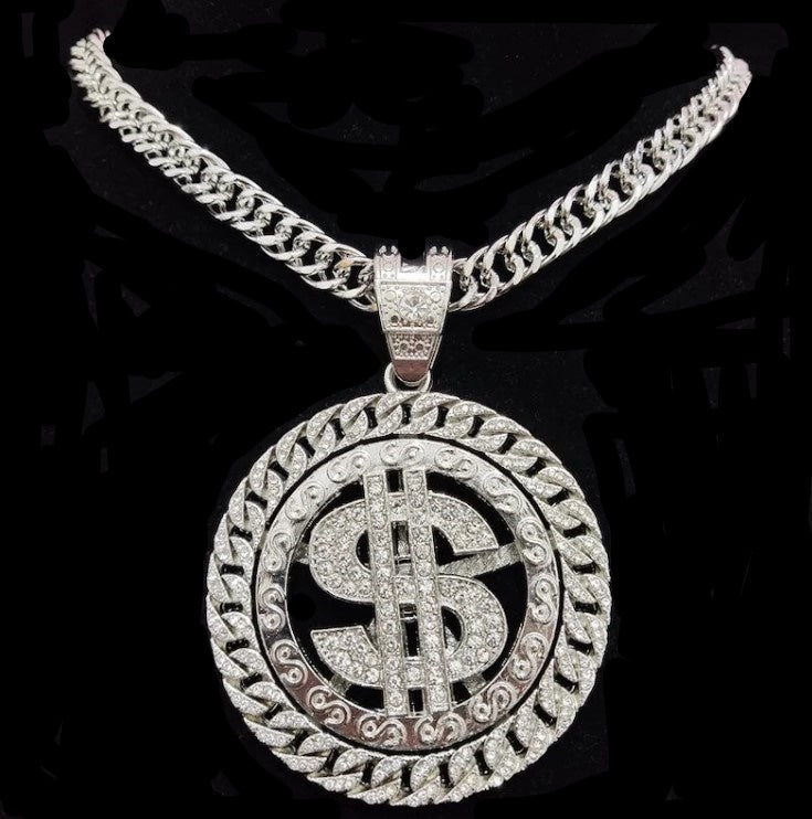 New - Dollar Silver Chain Pendant Necklace - Drag King Edition - Ultra-Glam Edition