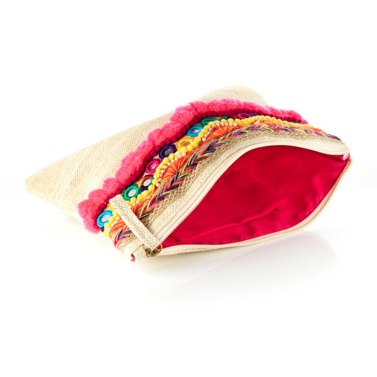 Embellished Pompom Woven Clutch – Holiday Edition - Kikki Couture