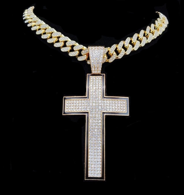 Full Diamond Large Cross Pendant Cuban Gold Chain Necklace - Drag King Edition - Ultra-Glam Edition