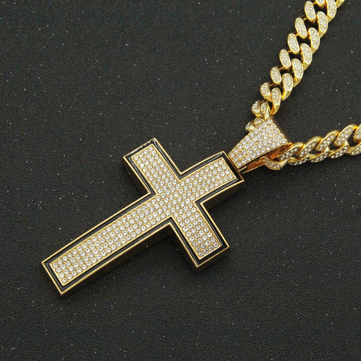 Full Diamond Large Cross Pendant Cuban Gold Chain Necklace - Drag King Edition - Ultra-Glam Edition