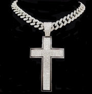 New - Full Diamond Large Cross Pendant Cuban Silver Chain Necklace - Drag King Edition - Ultra-Glam Edition