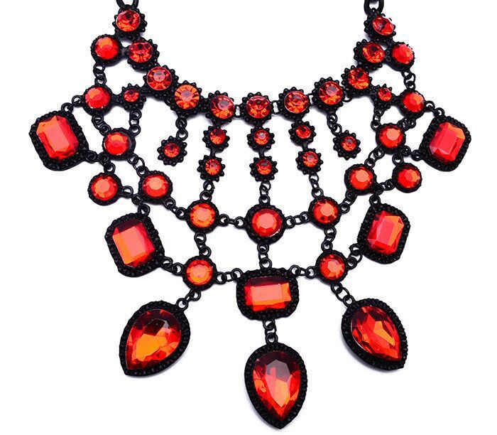 Red Gemstone Drop Statement Necklace - Ultra-Glam Edition