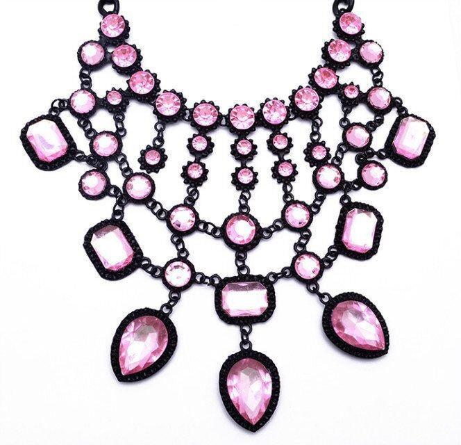 Pink Gemstone Drop Statement Necklace - Ultra-Glam Edition