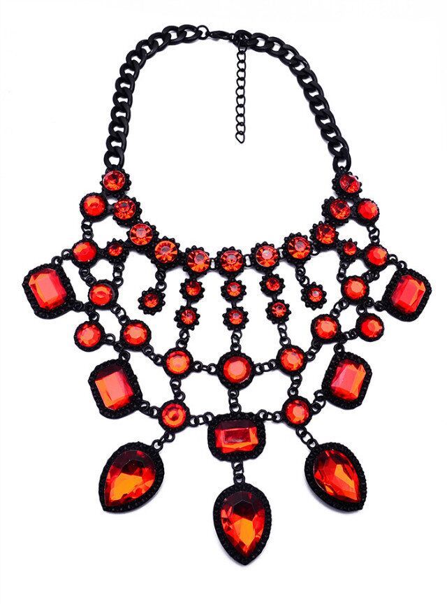 Red Gemstone Drop Statement Necklace - Ultra-Glam Edition