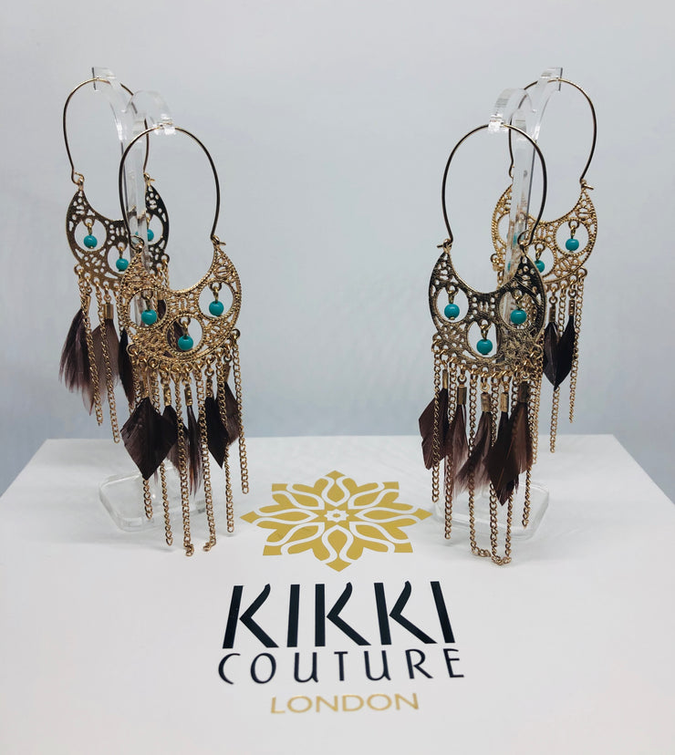 Gold & Turquoise Brown Feather Drop Earrings - Holiday Edition