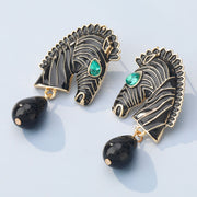 Gold Black Horse Head Drop Earrings - Ultra-Glam Edition