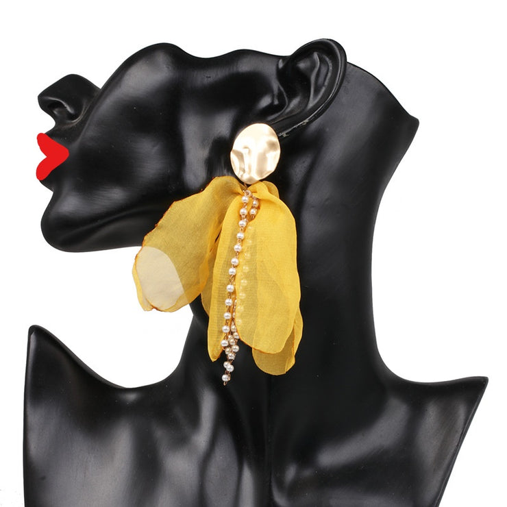 Gold Chiffon Pearl Drop Earrings - Ultra-Glam Edition
