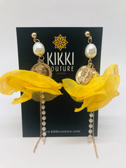Gold Coin Pearl Chiffon Drop Earrings - Ultra-Glam Edition