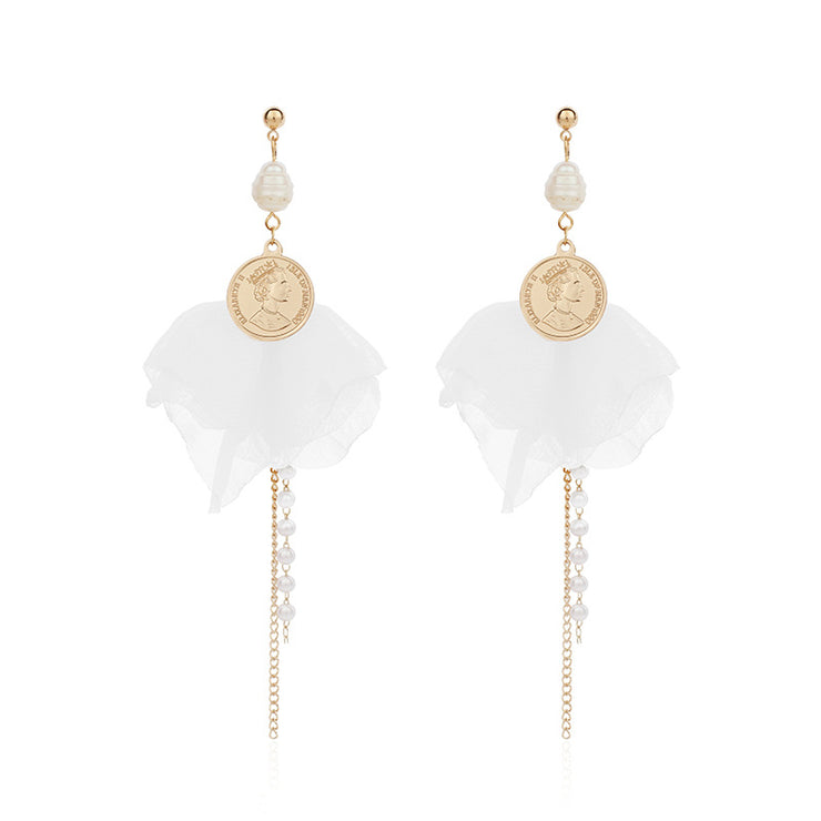 Gold Coin Pearl Chiffon Drop Earrings - Ultra-Glam Edition