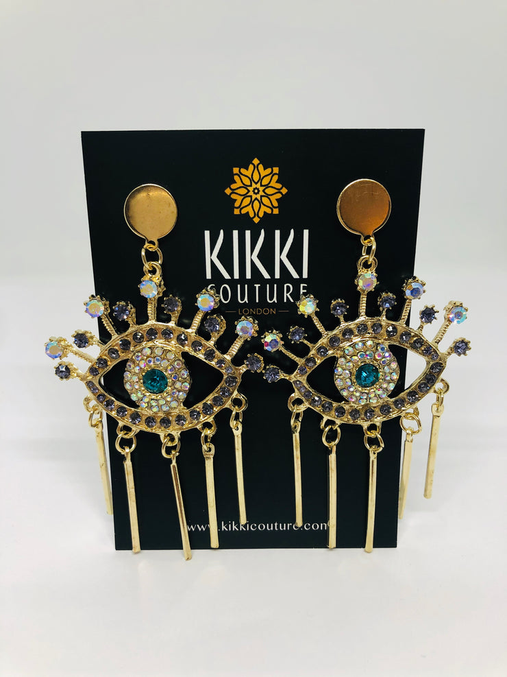 Gold Crystal Evil Eye Drop Earrings - Ultra-Glam Edition