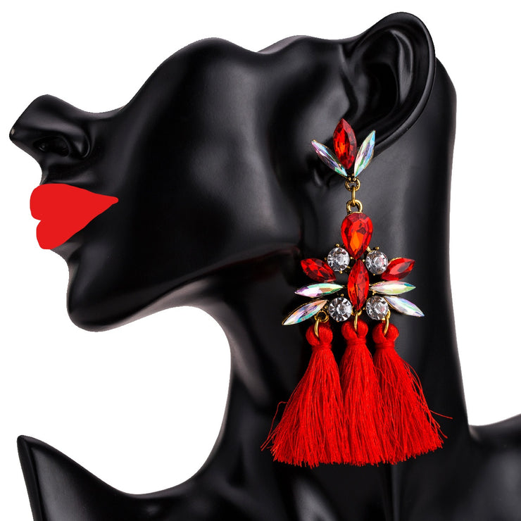 Red Crystal Tassel Drop Earrings - Ultra-Glam Edition