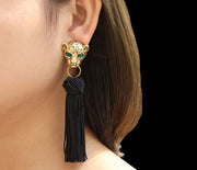 Gold Leopard Head Black Tassel Earrings - Ultra-Glam Edition