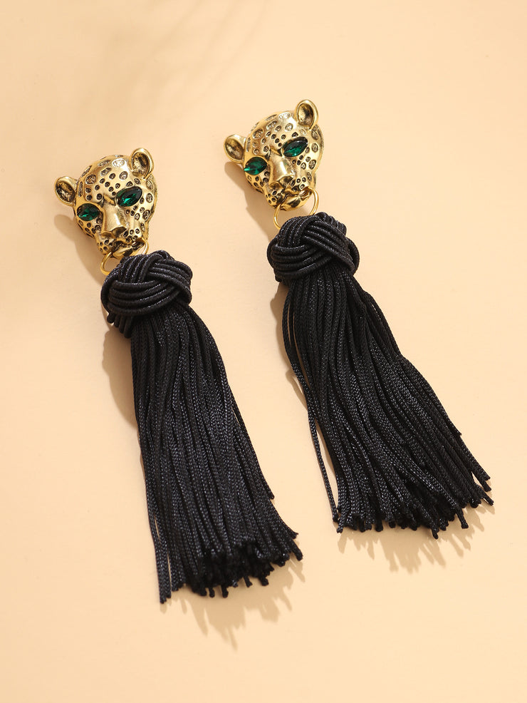 Gold Leopard Head Black Tassel Earrings - Ultra-Glam Edition