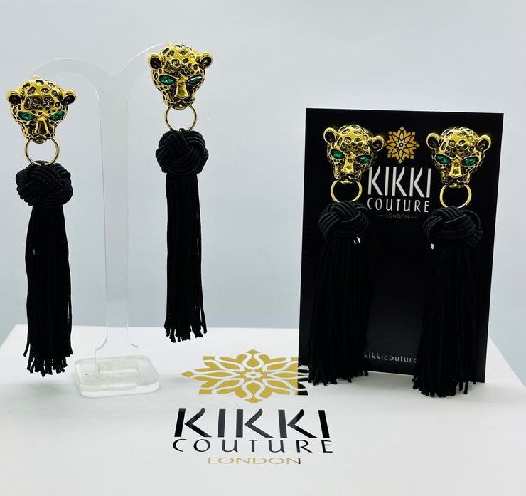 Gold Leopard Head Black Tassel Earrings - Ultra-Glam Edition