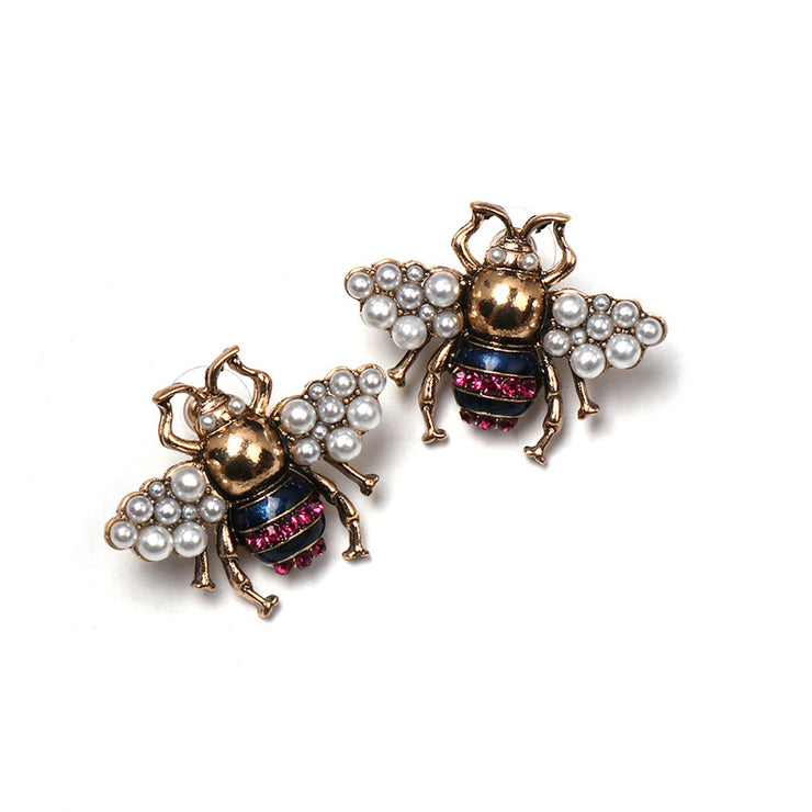 Gold Pearl Bee Stud Earrings - Ultra-Glam Edition