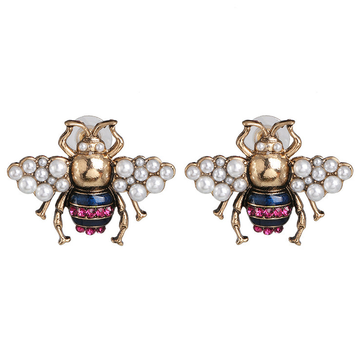 Gold Pearl Bee Stud Earrings - Ultra-Glam Edition