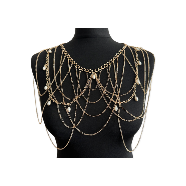 New - Gold Pearl Chest Chain Necklace - Body Jewellery - Wedding Edition - Holiday Edition