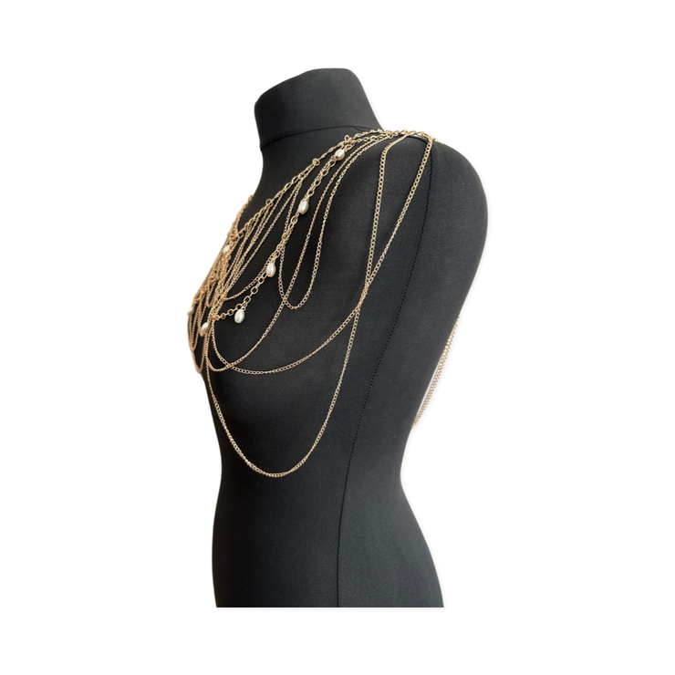 New - Gold Pearl Chest Chain Necklace - Body Jewellery - Wedding Edition - Holiday Edition