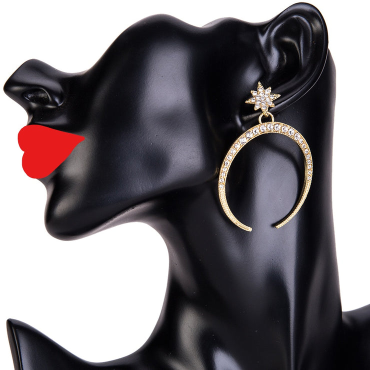 Gold Rhinestone Star Moon Earrings - Ultra-Glam Edition