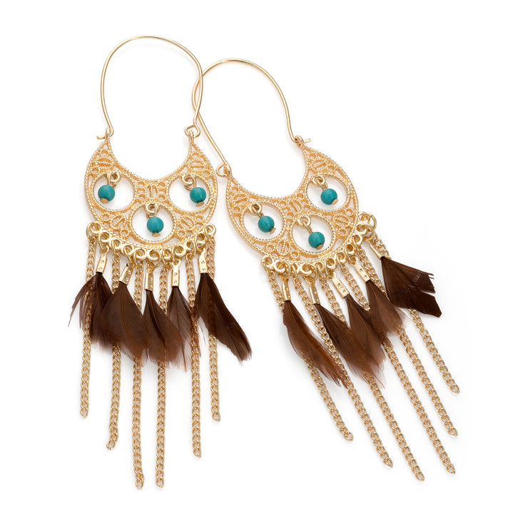 Gold And Turquoise Brown Feather Drop Earrings - Holiday Edition - Kikki Couture