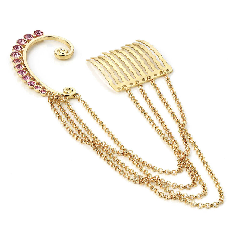 Gold And Rose Pink Crystal Ear Hook With Chain Connecting Hair Comb - Holiday Edition - Kikki Couture
