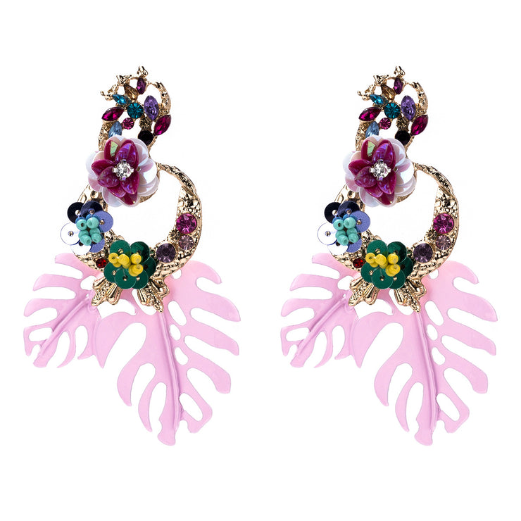 Crystal Floral Hoop Palm Leaf Earrings - Ultra-Glam Edition - Kikki Couture