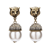 Gold Leopard Head Pearl Drop Earrings - Ultra-Glam Edition